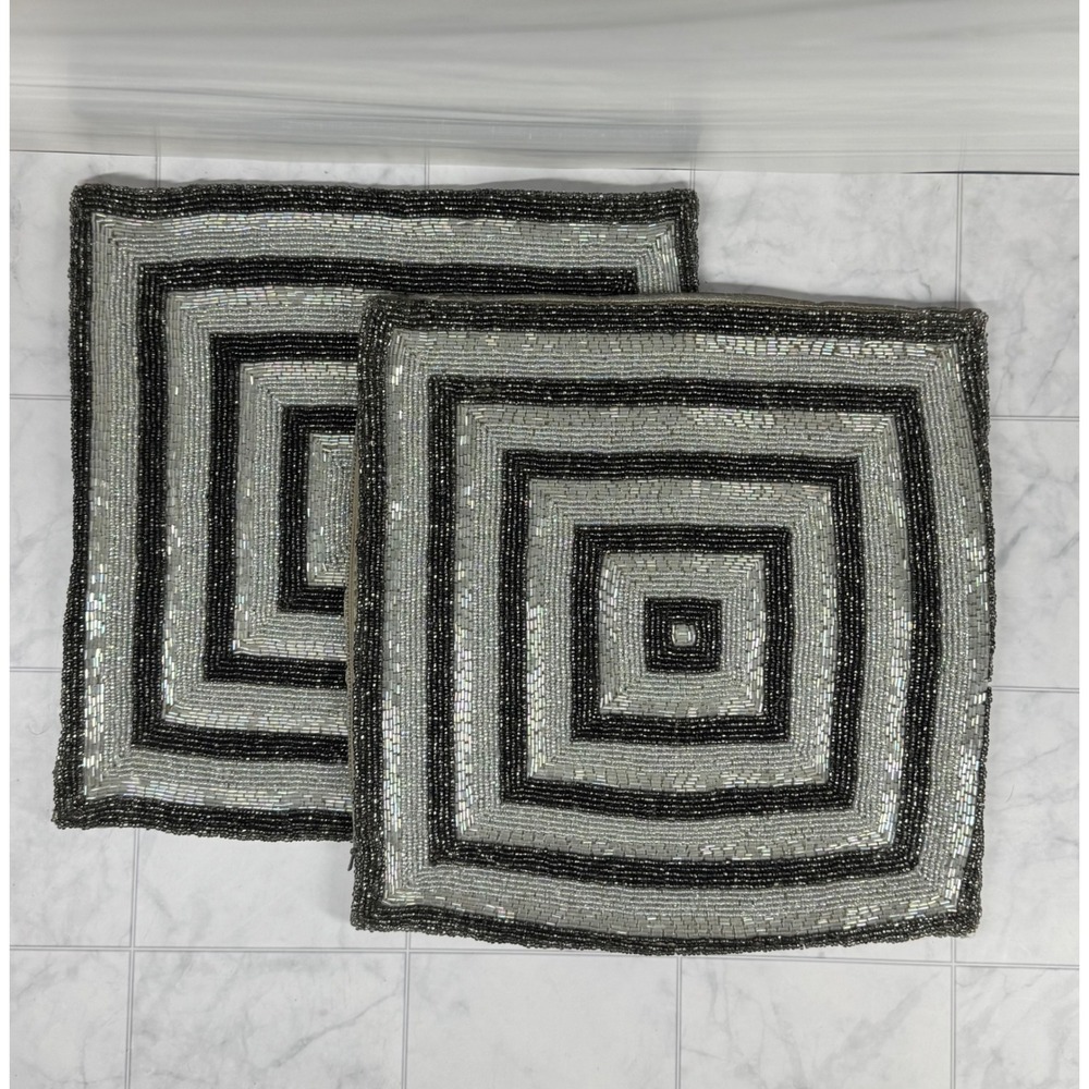 Elle Decor Beaded Throw Pillow Covers Set of 2 Silver Black Square 13.5in Glam